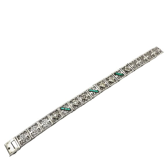 Vintage Art Deco Green And Clear Glass Stone Silver Bracelet 7 Inch Antique - Picture 2 of 6
